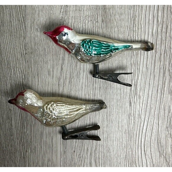 Vintage Mercury Glass Clip On Bird Ornaments Set Of 2 - 1 with Fiberglass Tail - Picture 2 of 10